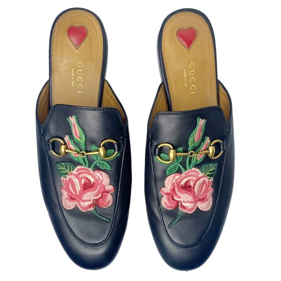 Gucci Shoes - GUCCI Rose Embroidered Horsebit Leather Mules 38.5